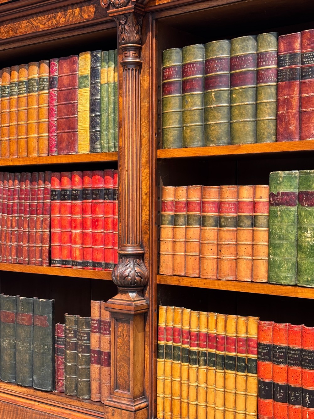 A low 19th-century William IV open bookcase crafted from burr walnut with two shelf sections flanked by carved pilasters. View V