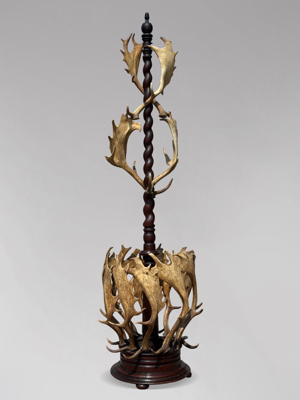 A Victorian freestanding coat stand crafted with a central barley-twist dark wood shaft surrounded by shed fallow deer antlers on a turned circular base.