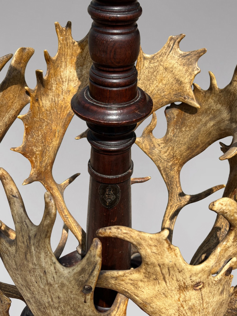 A Victorian freestanding coat stand crafted with a central barley-twist dark wood shaft surrounded by shed fallow deer antlers on a turned circular base. View V