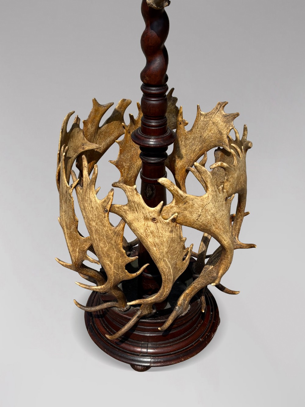 A Victorian freestanding coat stand crafted with a central barley-twist dark wood shaft surrounded by shed fallow deer antlers on a turned circular base. View IX