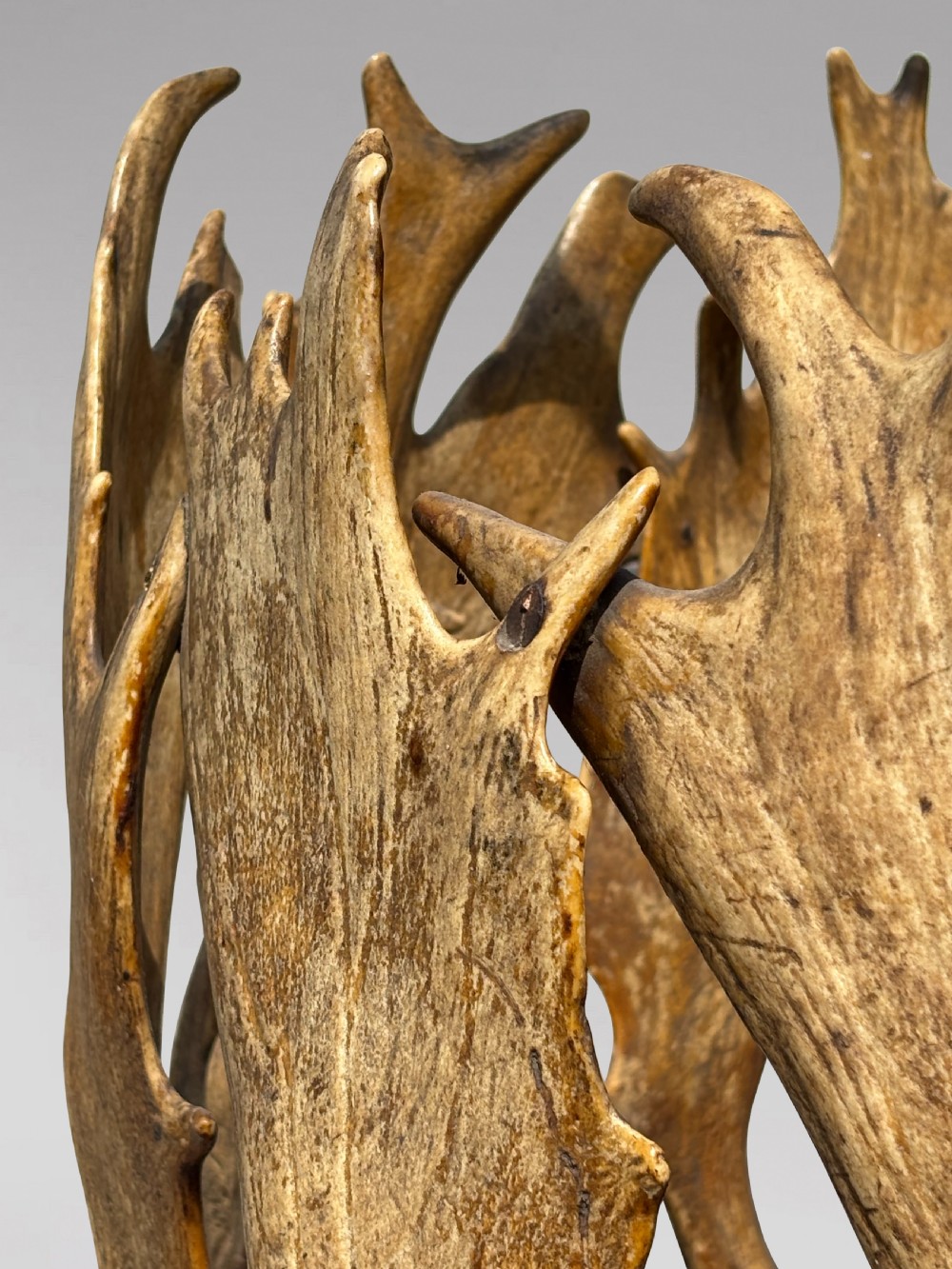 A Victorian freestanding coat stand crafted with a central barley-twist dark wood shaft surrounded by shed fallow deer antlers on a turned circular base. View X