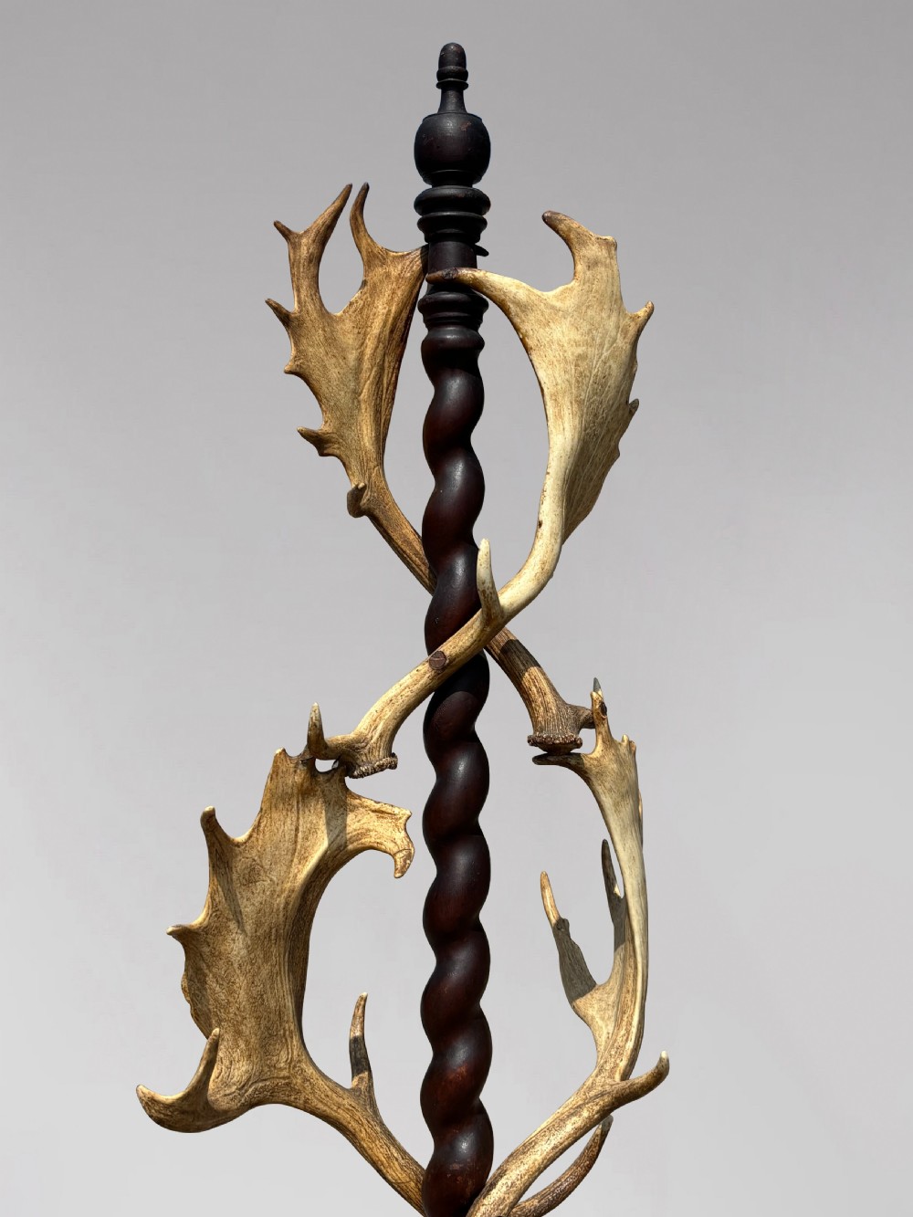 A Victorian freestanding coat stand crafted with a central barley-twist dark wood shaft surrounded by shed fallow deer antlers on a turned circular base. View XI