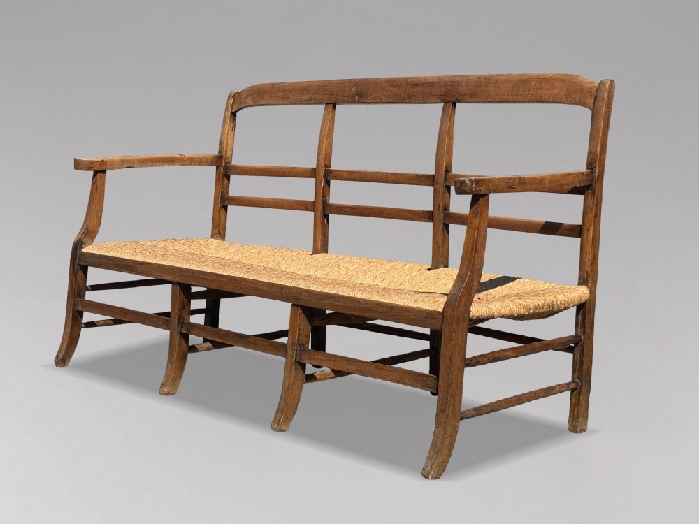 19TH CENTURY FRENCH WALNUT RUSH SEAT HALL BENCH, C1850 View VII