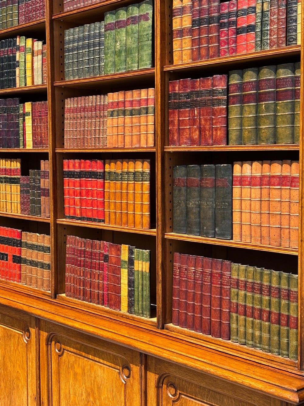 A tall 19th-century French oak open bookcase featuring a three-bay upper shelving section filled with books over a triple-door panelled cupboard base. View VI
