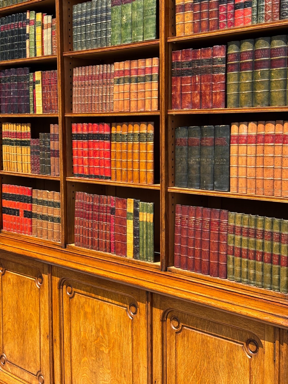 A tall 19th-century French oak open bookcase featuring a three-bay upper shelving section filled with books over a triple-door panelled cupboard base. View IX