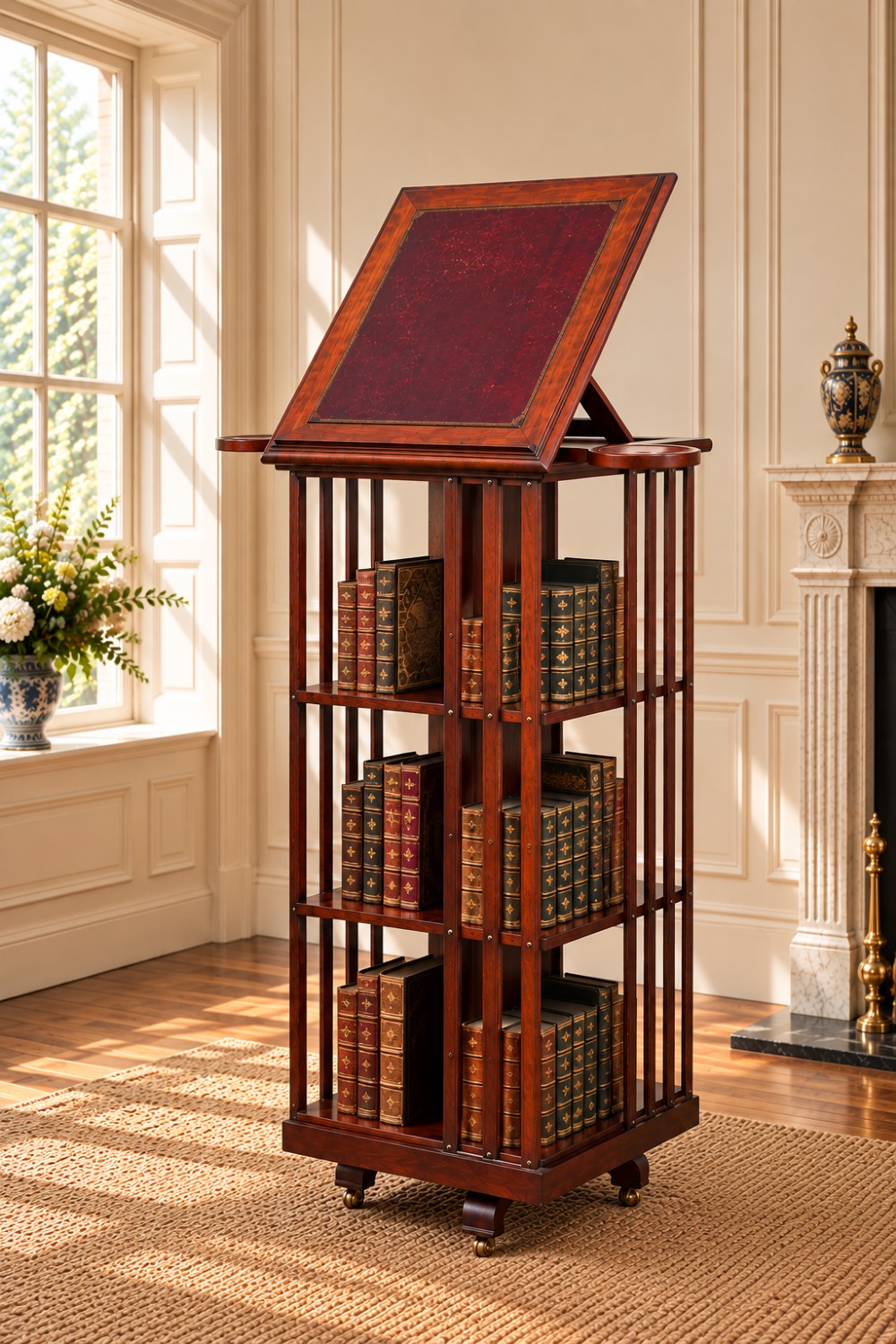 A tall nineteenth-century mahogany revolving bookcase featuring open slatted sides, tiered shelving, pull-out circular trays, and an angled reading slope with a burgundy leather surface. View XI