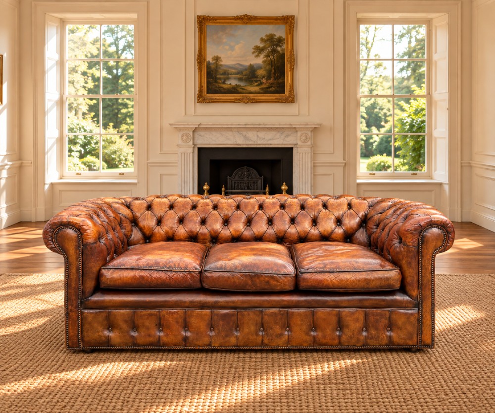 A nineteenth-century Victorian three-seater Chesterfield sofa upholstered in aged warm brown leather with deep button tufting and nailhead trim. View XII