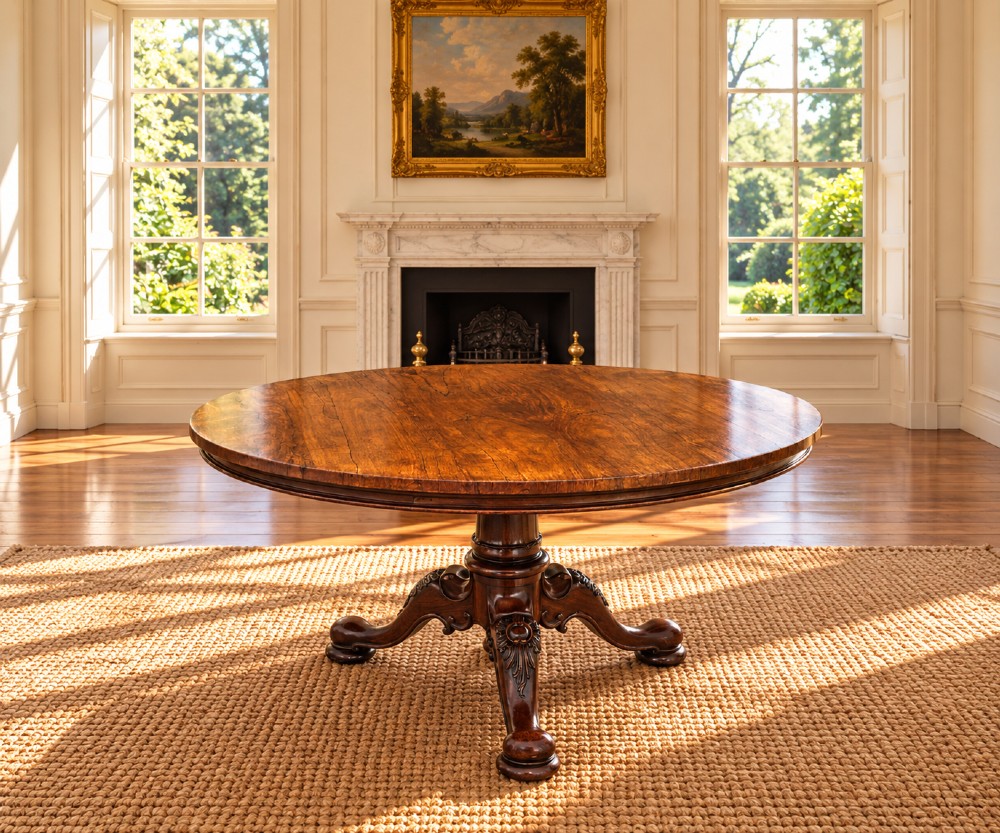 A circular William IV period rosewood centre table with a figured top on a carved pedestal and tripod base. View XII