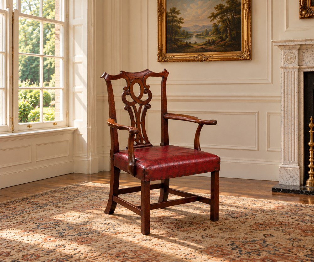 An 18th-century George III mahogany Chippendale armchair featuring a carved pierced splat back, curved arms, and a red leather upholstered seat. View IX