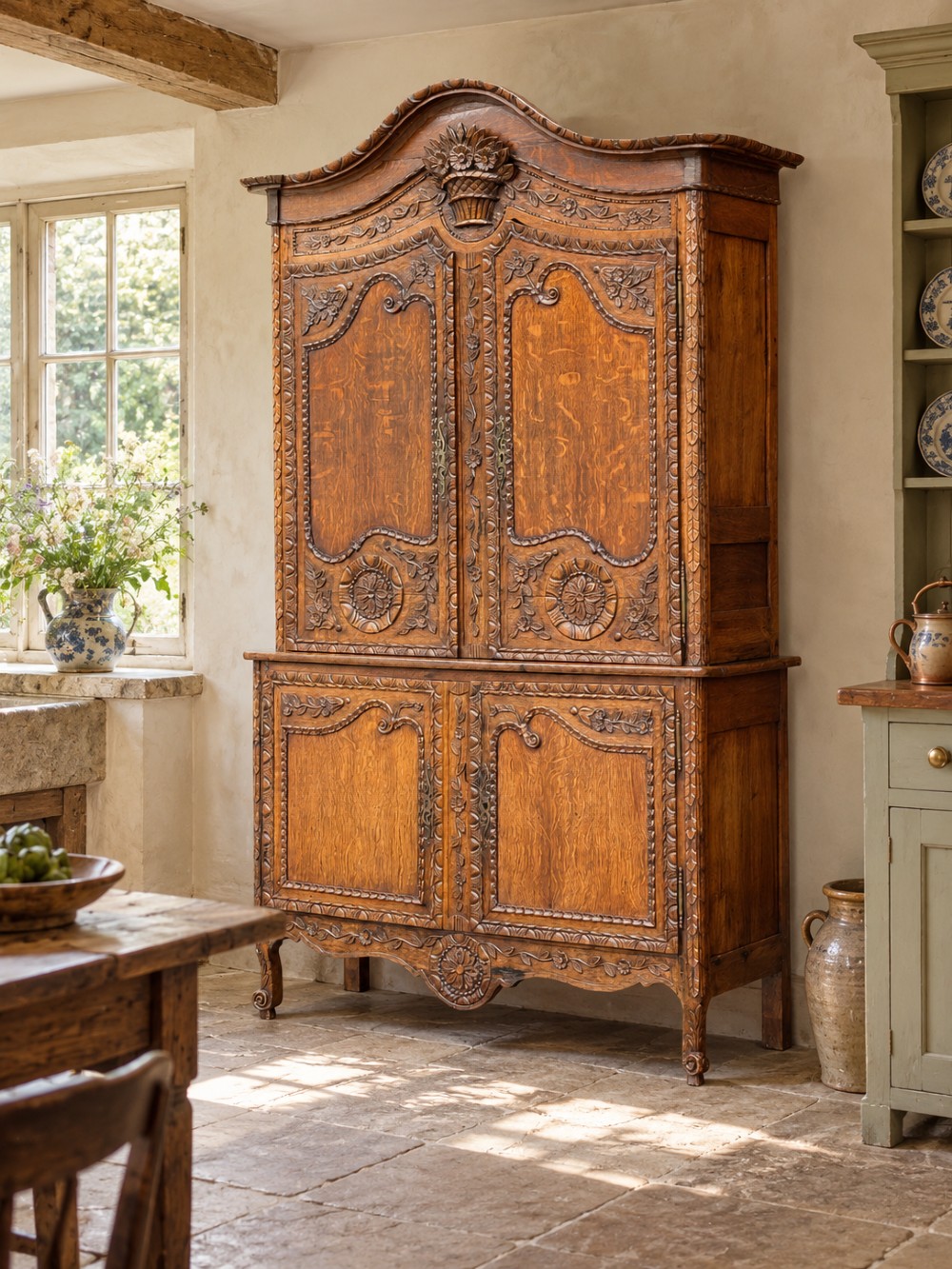 An 18th-century French Louis XVI carved oak buffet deux corps featuring two upper panelled doors topped with a floral basket carving above a two-door base resting on short scrolled feet. View X