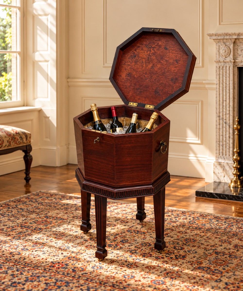 An eighteenth-century octagonal mahogany wine cooler featuring brass side handles, a keyhole detail, boxwood inlay, and fluted legs on castors. View XIII