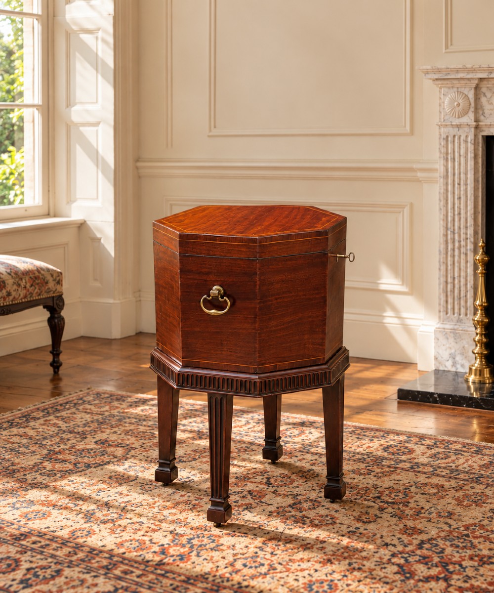 An eighteenth-century octagonal mahogany wine cooler featuring brass side handles, a keyhole detail, boxwood inlay, and fluted legs on castors. View XIV
