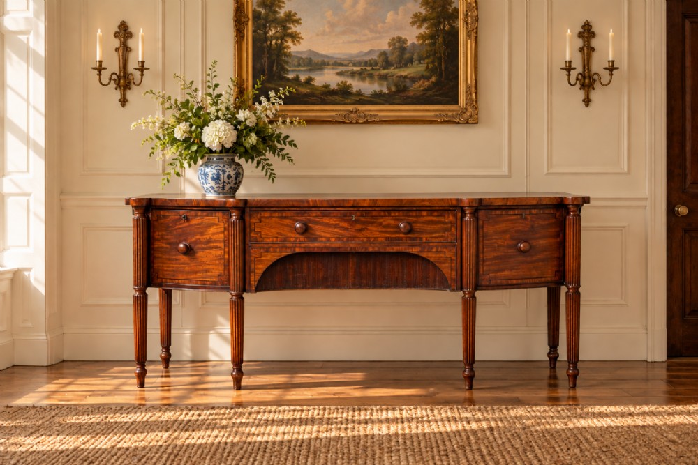 An antique 19th-century William IV mahogany sideboard featuring reeded fluted legs, line inlay, and a central drawer above an arched recess. View XIV