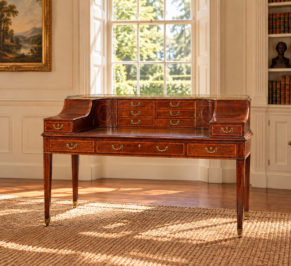 An 18th-century George III mahogany Carlton House desk with inlaid marquetry, a leather writing surface, small upper drawers, and tapered legs on brass castors. View XIV