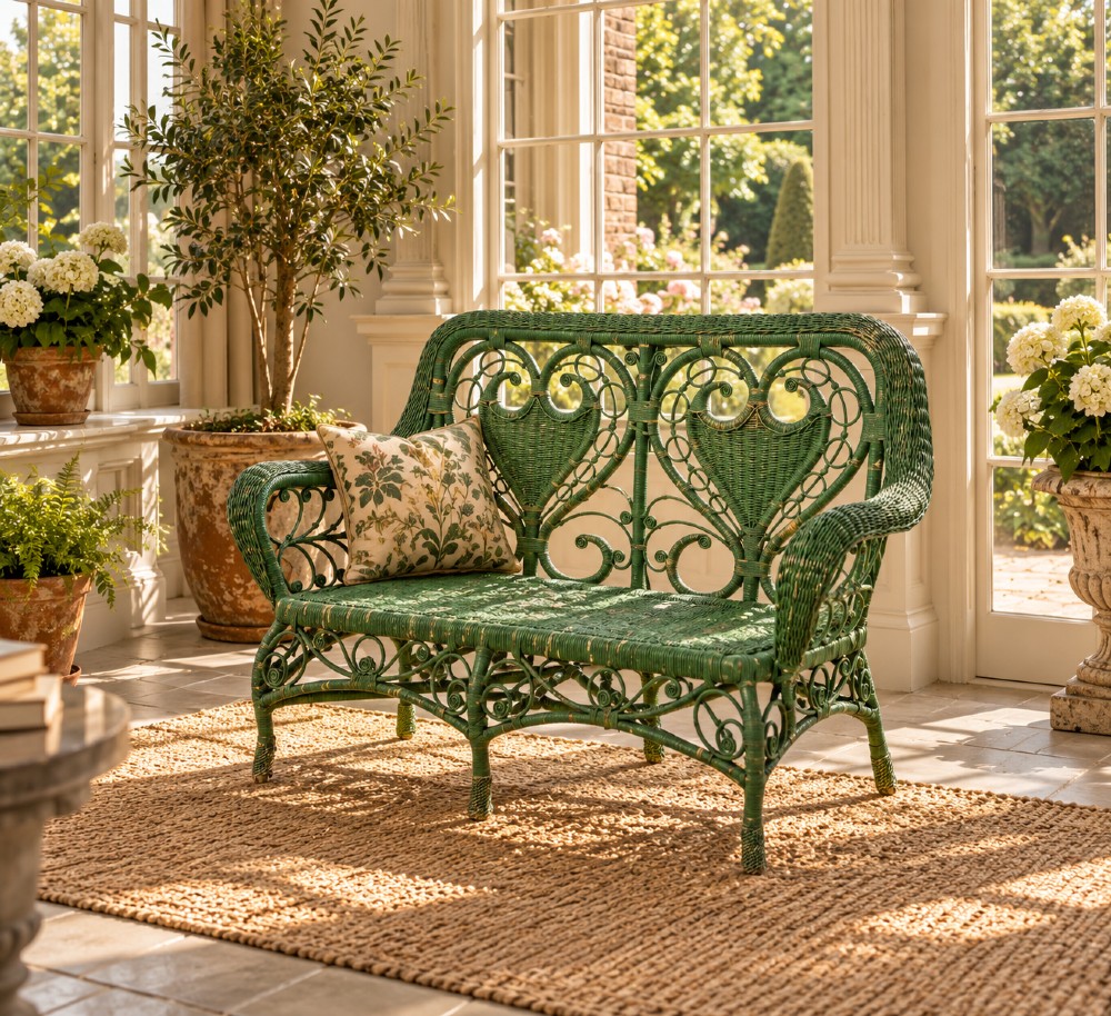 A French green painted wicker bench featuring two heart-shaped openwork back panels and curved armrests. View VII