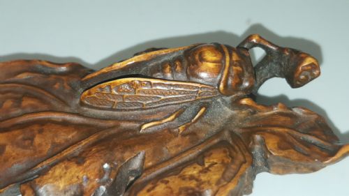UNUSUAL LARGE JAPANESE MEIJI BOXWOOD NETSUKE OF A CICADA ON A LEAF - ADDITIONAL PHOTO 3