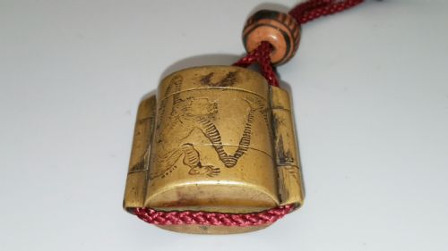 small child's japanese brass twocase inro wooden ojime - CATEGORY: ANTIQUE MISCELLANEOUS - DATED 19TH CENTURY