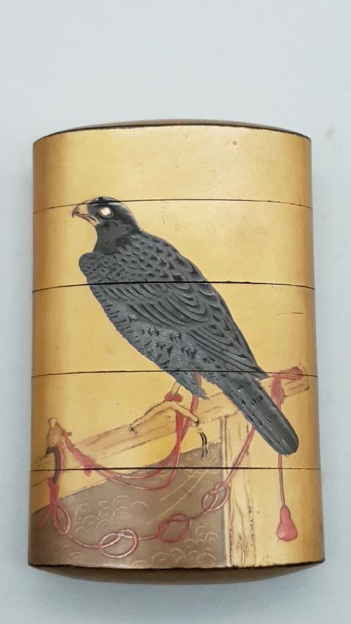 japanese edo 19thc lacquer inro depicting falconry and hunting dog - CATEGORY: ANTIQUE MISCELLANEOUS - DATED 19TH CENTURY
