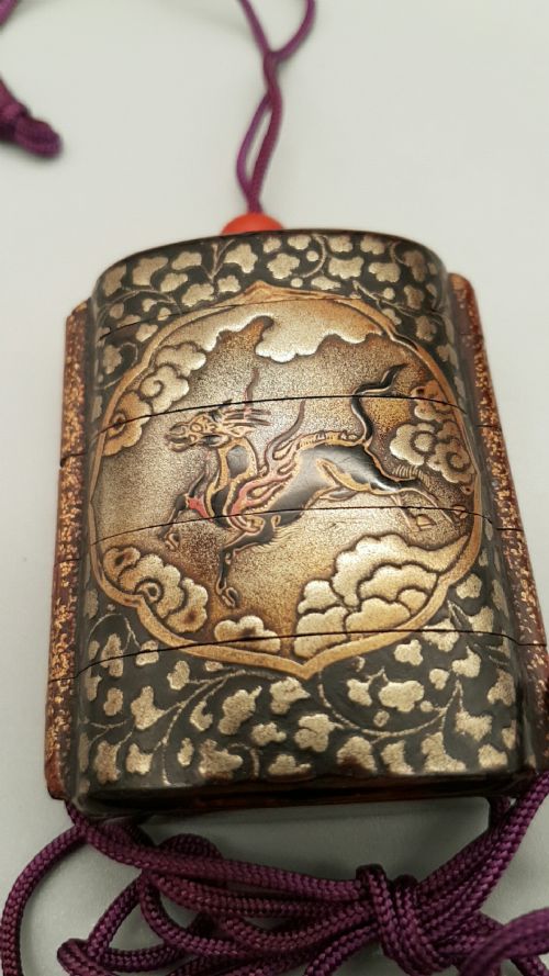 EXCELLENT ANTIQUE EDO PERIOD JAPANESE FOURCASE LACQUER INRO DEPICTING KIRIN - ADDITIONAL PHOTO 1