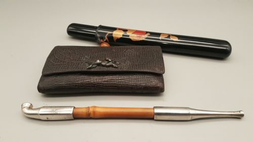japanese meiji 19thc smoking ensemble of tobacco pouch pipe and pipecase - CATEGORY: ANTIQUE MISCELLANEOUS - DATED 19TH CENTURY