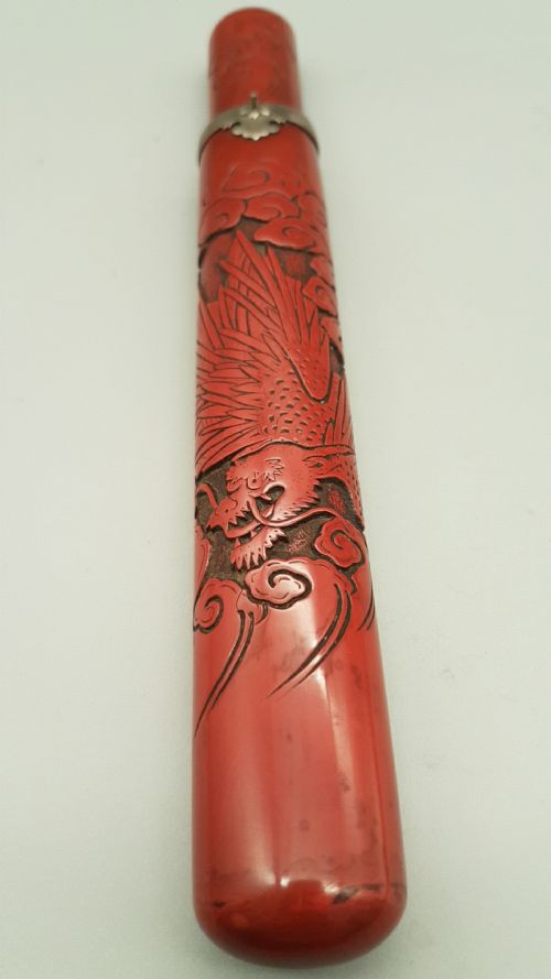 rare japanese meiji 19thc red lacquer pipecase depicting a dragon - CATEGORY: ANTIQUE MISCELLANEOUS - DATED 19TH CENTURY
