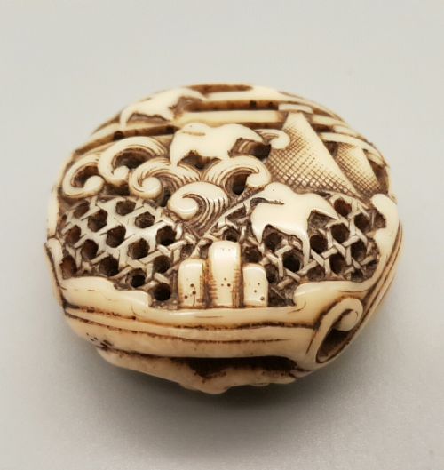 Japanese Edo Stag Antler Ryusa (Pierced) Manju Netsuke, the Asakusa School