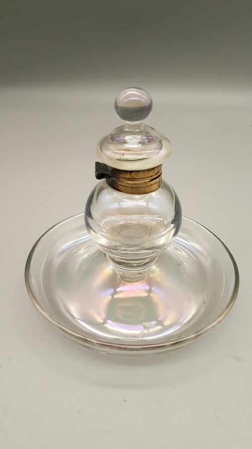 unusual vintage glass inkwell with brass fittings - CATEGORY: ANTIQUE MISCELLANEOUS - DATED 1930