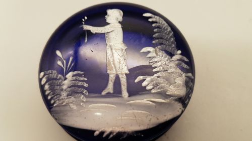 LOVELY VICTORIAN CA 1880 MARY GREGORY COBALT GLASS PILL BOX - ADDITIONAL PHOTO 1