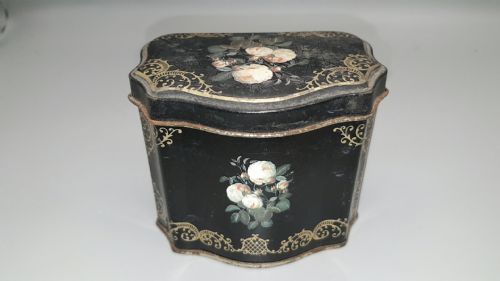 rare antique 19thc french tle toleware handpainted tin box - CATEGORY: ANTIQUE BOXES - DATED 19TH CENTURY
