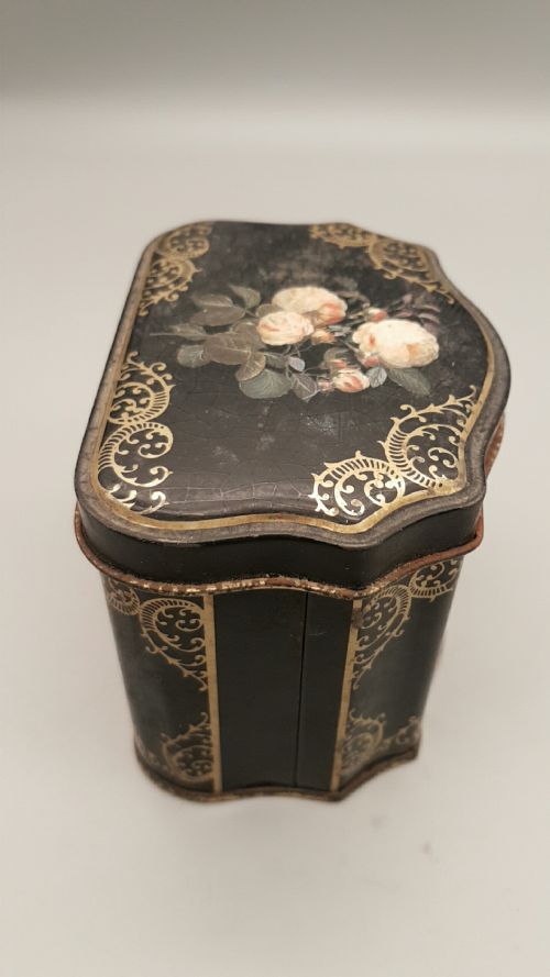 RARE ANTIQUE 19THC FRENCH TLE TOLEWARE HANDPAINTED TIN BOX - ADDITIONAL PHOTO 1