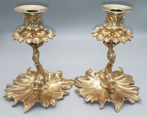 lovely pair of gilded brass victorian dolphin candlesticks - CATEGORY: ANTIQUE LIGHTING - DATED 19TH CENTURY