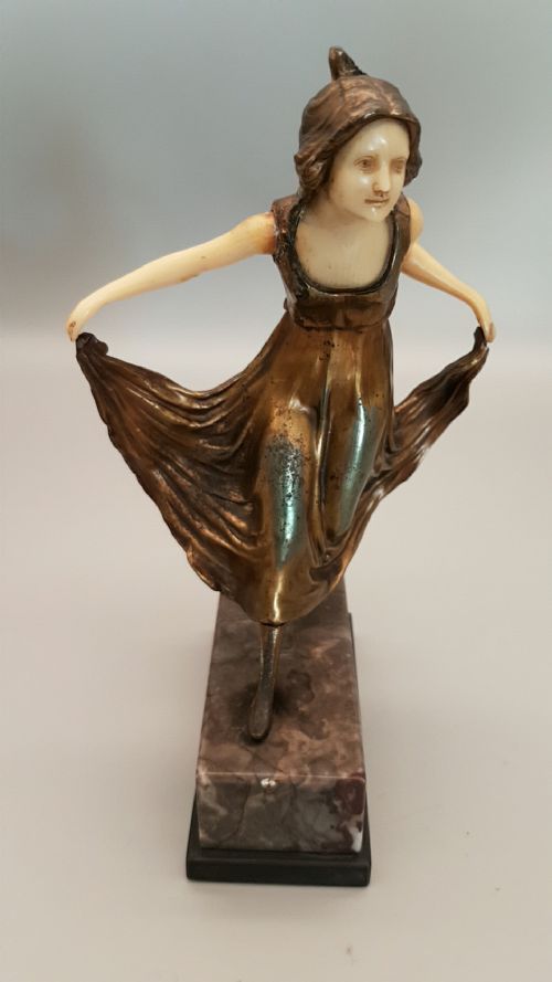 nice original art deco bronze and ivory figure of a lady on marble and bronze base - CATEGORY: ANTIQUE METAL - DATED 1930