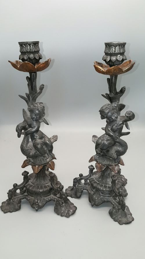charming pair of french putti candleholders in the style of sylvain kinsburger - CATEGORY: ANTIQUE LIGHTING - DATED 19TH CENTURY