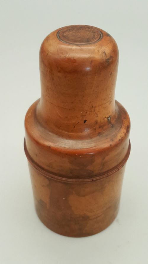 antique fruitwood treen container with bottle marked acid nitric - CATEGORY: ANTIQUE GLASS - DATED 19TH CENTURY