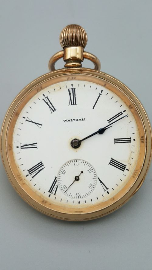 antique waltham traveler open face pocket watch 14k goldplated case - CATEGORY: ANTIQUE WATCHES - DATED 1900