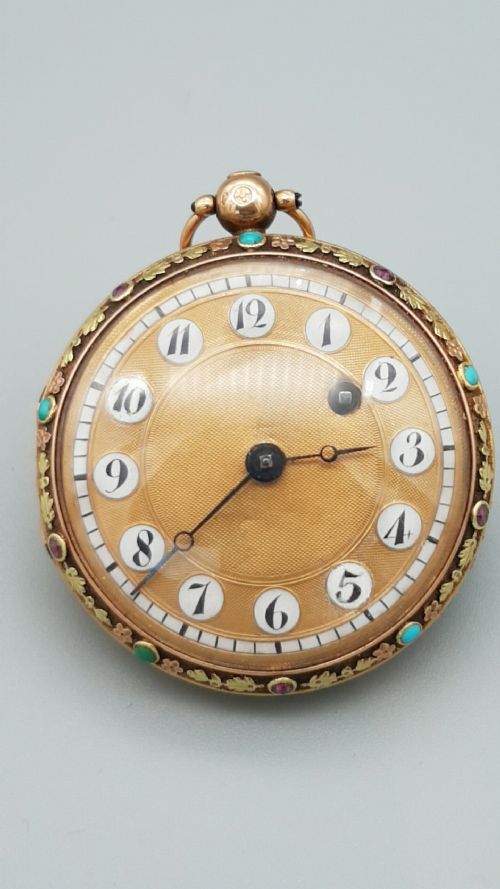 exquisite rare 18thc french 18k gold turquoise ruby pocket watch - CATEGORY: ANTIQUE WATCHES - DATED 18TH CENTURY
