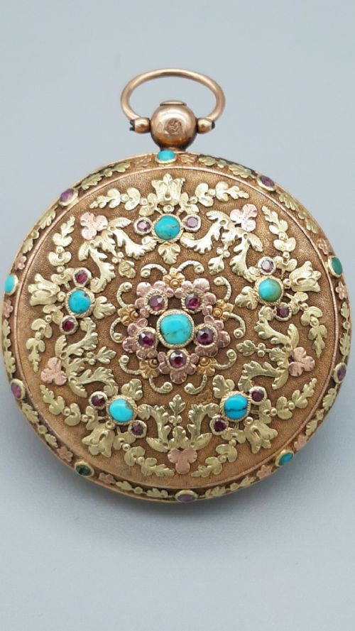 EXQUISITE RARE 18THC FRENCH 18K GOLD TURQUOISE RUBY POCKET WATCH - ADDITIONAL PHOTO 1