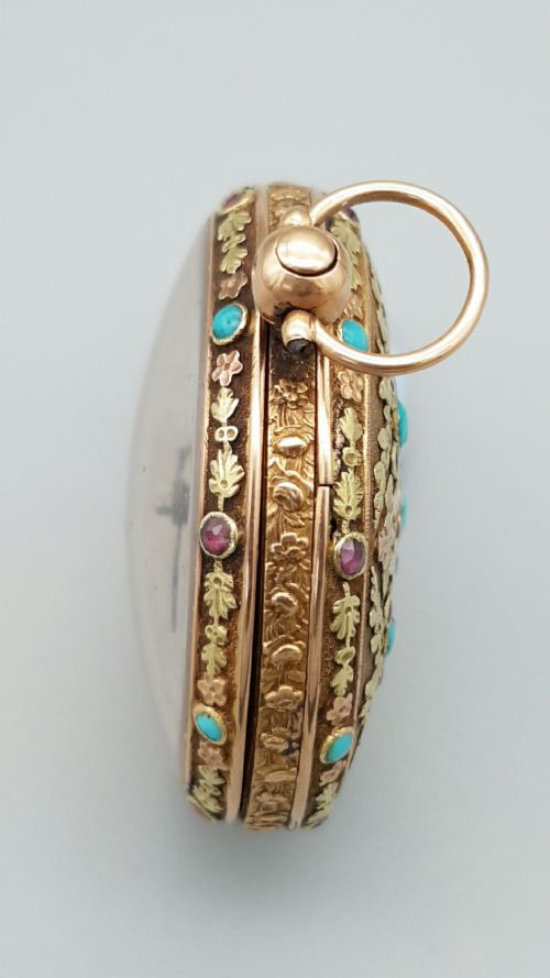 EXQUISITE RARE 18THC FRENCH 18K GOLD TURQUOISE RUBY POCKET WATCH - ADDITIONAL PHOTO 2