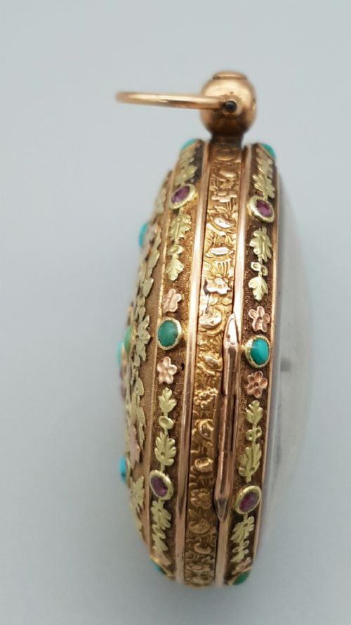 EXQUISITE RARE 18THC FRENCH 18K GOLD TURQUOISE RUBY POCKET WATCH - ADDITIONAL PHOTO 3