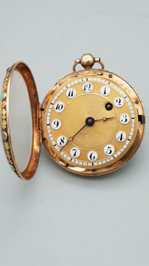 EXQUISITE RARE 18THC FRENCH 18K GOLD TURQUOISE RUBY POCKET WATCH - ADDITIONAL PHOTO 4