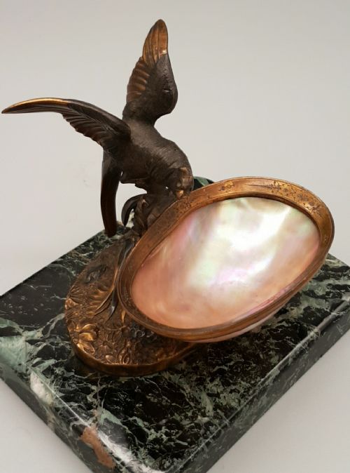 UNUSUAL VICTORIAN BRONZE BIRD OF PREY WITH MOTHER OF PEARL TRINKET DISH - ADDITIONAL PHOTO 2