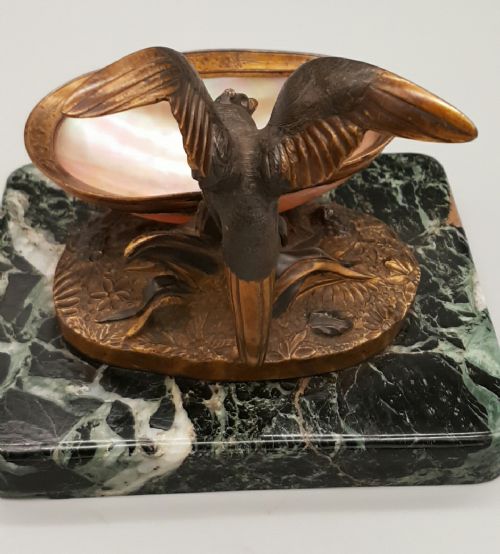 UNUSUAL VICTORIAN BRONZE BIRD OF PREY WITH MOTHER OF PEARL TRINKET DISH - ADDITIONAL PHOTO 4