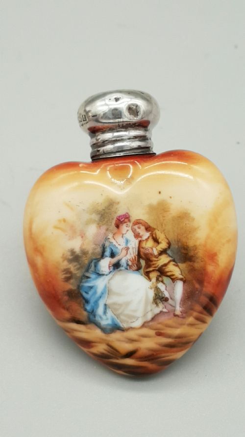 handpainted enamel perfume bottle silver top hallmarked birmingham 1903 - CATEGORY: ANTIQUE SILVER - DATED 1900