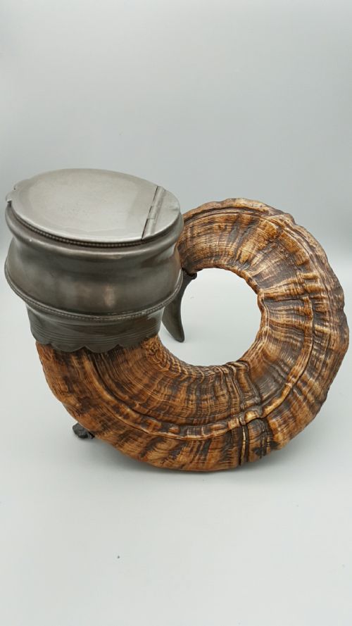 LARGE VICTORIAN SCOTTISH RAMS HORN TABLE TOP SNUFF MULL WITH PEWTER MOUNT - ADDITIONAL PHOTO 7