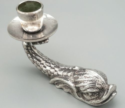 LOVELY PAIR OF VINTAGE DOLPHIN MALTESE SILVERED BRONZE CANDLE HOLDERS - ADDITIONAL PHOTO 2