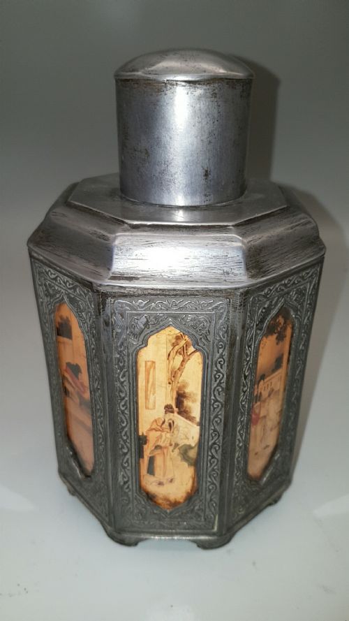 Magnificent Antique Chinese Shantou Octagonal Pewter Tea Caddy