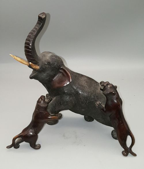 SUPERB JAPANESE MEIJI 19THC BRONZE OF ELEPHANT AND TIGERS - ADDITIONAL PHOTO 7