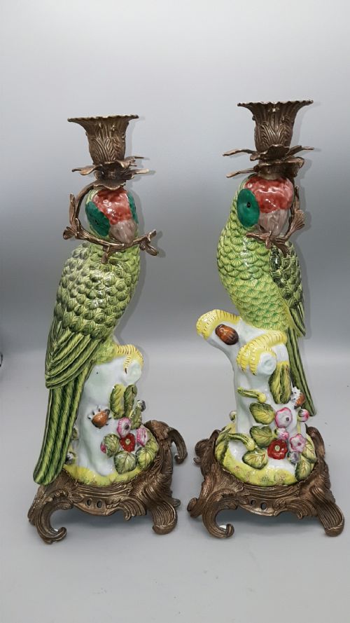 beautiful pair of 19thc handpainted porcelain parrot candlesticks - CATEGORY: ANTIQUE LIGHTING - DATED 19TH CENTURY