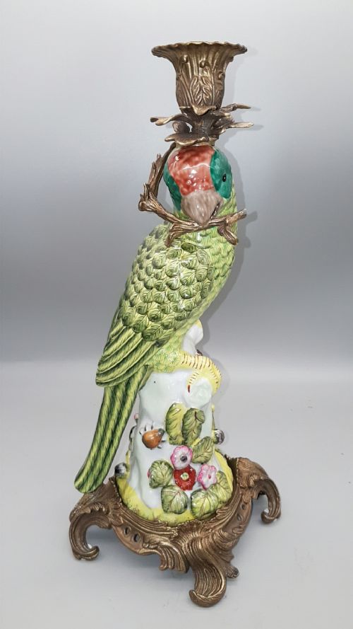 BEAUTIFUL PAIR OF 19THC HANDPAINTED PORCELAIN PARROT CANDLESTICKS - ADDITIONAL PHOTO 1