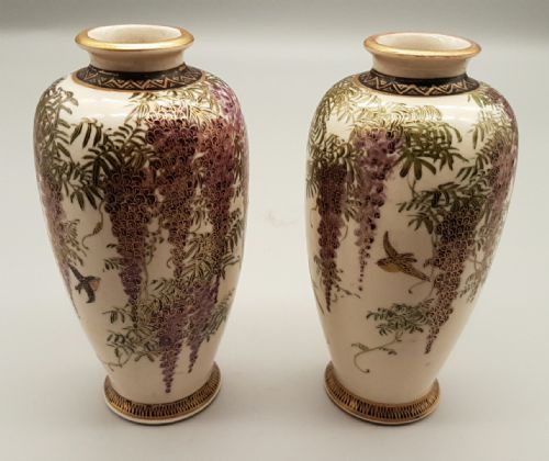 beautiful pair of meiji japanese satsuma vases decorated with wisteria and birds - CATEGORY: ANTIQUE VASES - DATED 19TH CENTURY
